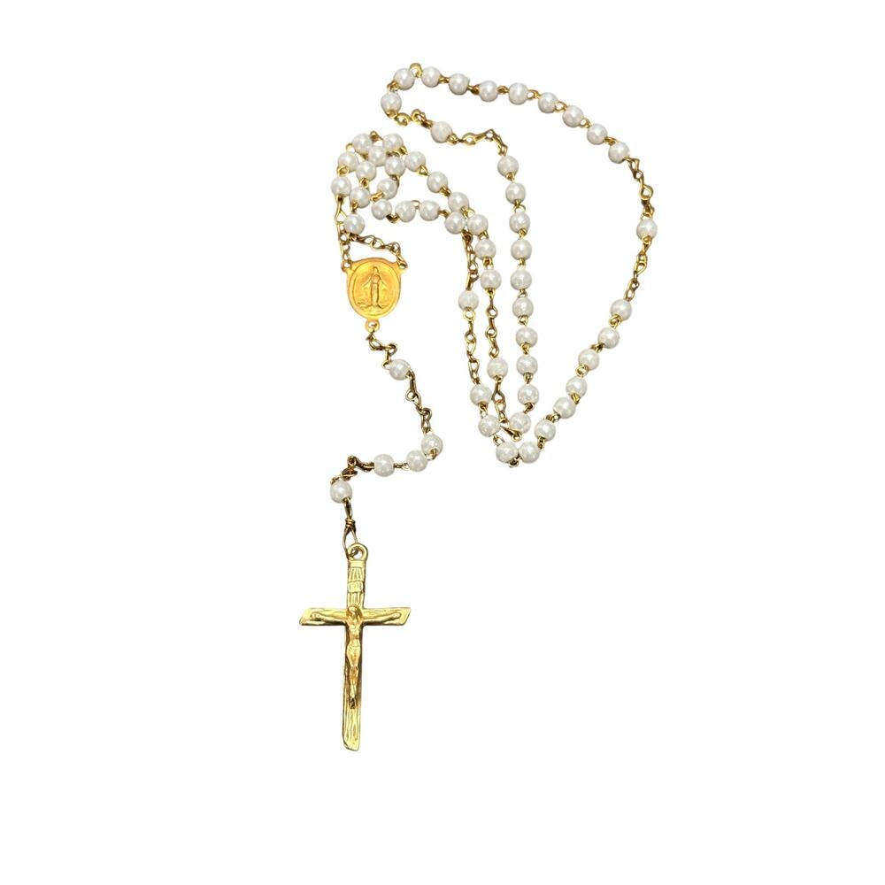 Faux Pearl Rosary Necklace - 15 inch Gold Tone Elegant